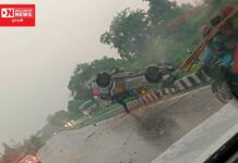 વાંસદાના મહુવાસ પાસે ફોર વ્હીકલ પલટી હાઈવે ડીવાઈડર પર ચઢી પલટી મારી ગઈ: જુઓ વિડીયો..