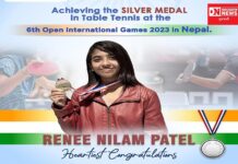 નેપાળમાં યોજાયેલ ઇન્ટરનેશનલ ટેબલ ટેનિસ ગેમ્સમાં ચીખલીની રેની પટેલે જીત્યું સિલ્વર મેડલ..