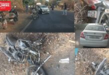 વાંસદા ભિનાર સર્કલ પર સ્વિફ્ટ કાર અને યુનિકોર્ન બાઇક વચ્ચે ગંભીર અકસ્માત.. સ્વિફ્ટ ચાલક ચાલુ કારે મોબાઈલ ફોન પર વાત કરતો હતો: લોકો