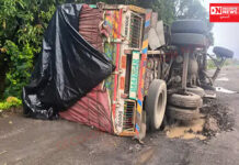 નવસારીના જલાલપોર તાલુકામાંથી પસાર થતાં નેશનલ હાઇવે નંબર 48ના પરથાણ નજીક ટ્રકનું પૈડુ ખાડામાં પડતા પલટી ગઇ..